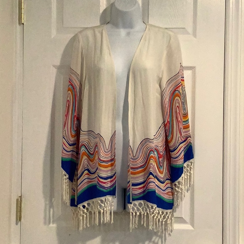 LILLY PULITZER 100% Silk Open Front Tasseled Palm Beach Glam Luxe Boho Kimono S